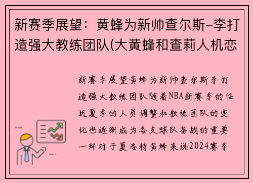 新赛季展望：黄蜂为新帅查尔斯-李打造强大教练团队(大黄蜂和查莉人机恋)