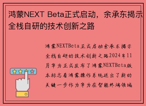 鸿蒙NEXT Beta正式启动，余承东揭示全栈自研的技术创新之路